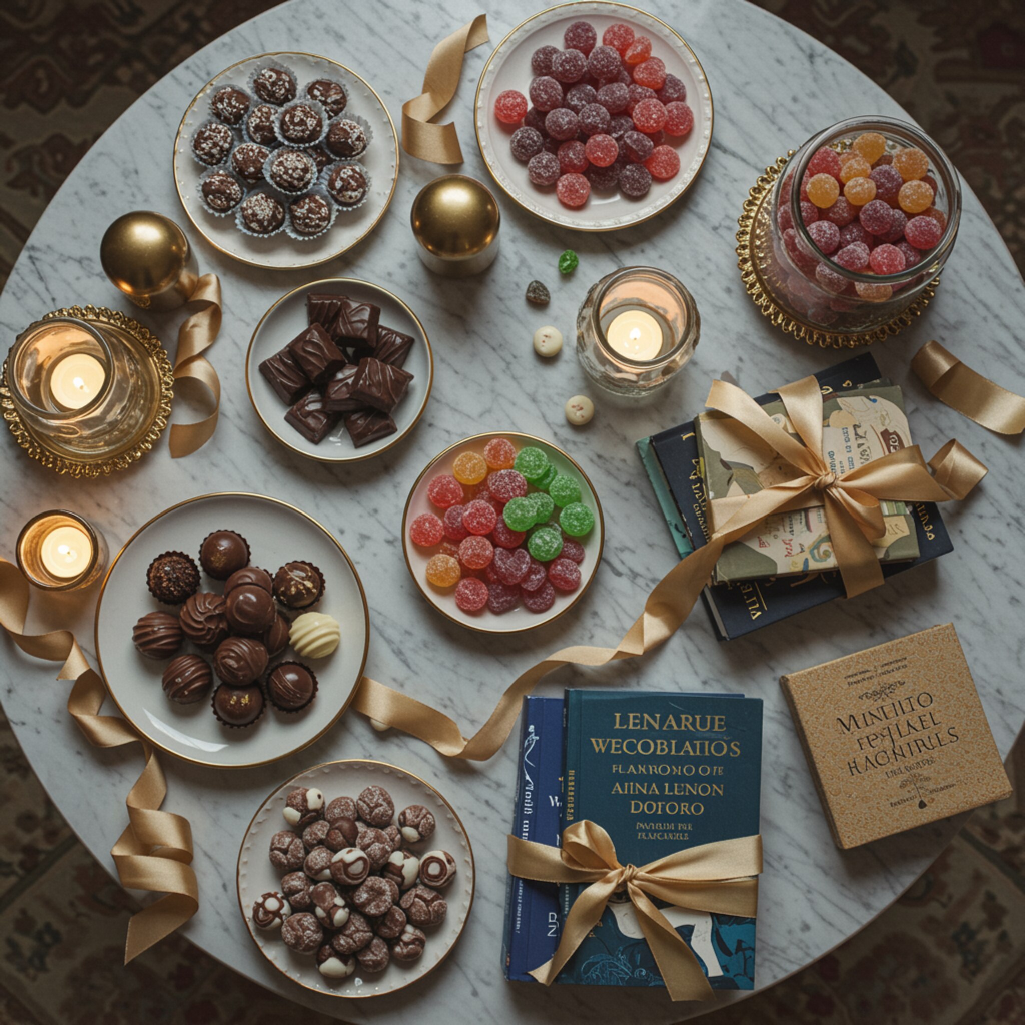 "Vista aérea de una mesa elegante con bombones artesanales, chocolates decadentes, coloridas golosinas y libros de autores locales, decorada con cintas delicadas y luz de velas sobre mármol."