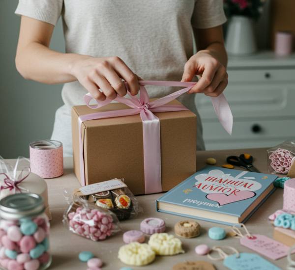 "Persona sonriente atando un lazo de satén en una caja de regalo personalizada llena de dulces, chocolates y un libro local, en un taller creativo con decoración artesanal."