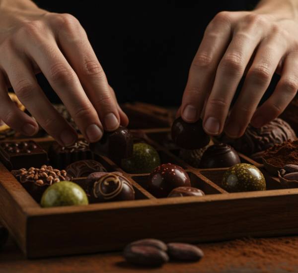 "Primer plano de manos caucásicas eligiendo un bonbón de chocolate artesanal en una bandeja de madera, rodeado de diversos sabores, para resaltar la calidad gourmet."